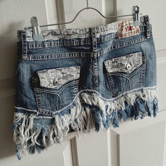 YMI Distressed Lace & Fringe Micro Denim Skirt - Picture 3 of 8